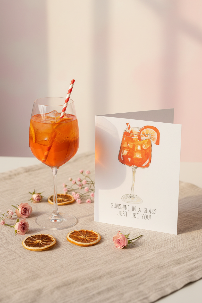 Aperol Spritz greeting card styled with a cocktail glass, dried orange slices and pink roses on a linen surface